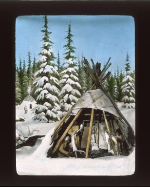 Native Americans: North America. Canada: Cree. View 01: Birchbark tepee (tipi) of Cree indians near Hudson Bay; cut away to show interior