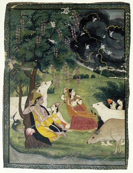 Krishna and Radha Under a Tree in a Storm