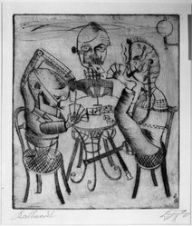 Otto Dix (German, 1891-1969). Card Players (Kartenspieler), 1920. Drypoint on heavy wove paper, Image (Plate): 12 13/16 x 11 1/8 in. (32.5 x 28.3 cm). Brooklyn Museum, Gift of Dr. F.H. Hirschland, 55.165.66. © artist or artist's estate