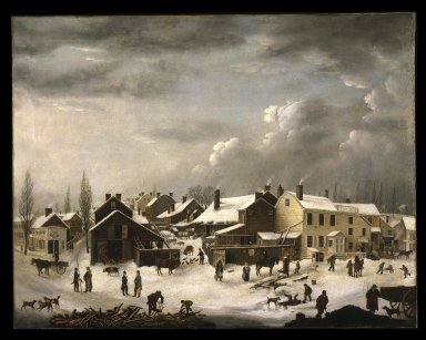Francis Guy (American, 1760-1820). Winter Scene in Brooklyn, ca. 1819-1820. Oil on canvas, 58 3/8 x 74 9/16 in. (148.2 x 189.4 cm). Brooklyn Museum, Transferred from the Brooklyn Institute of Arts and Sciences to the Brooklyn Museum, 97.13