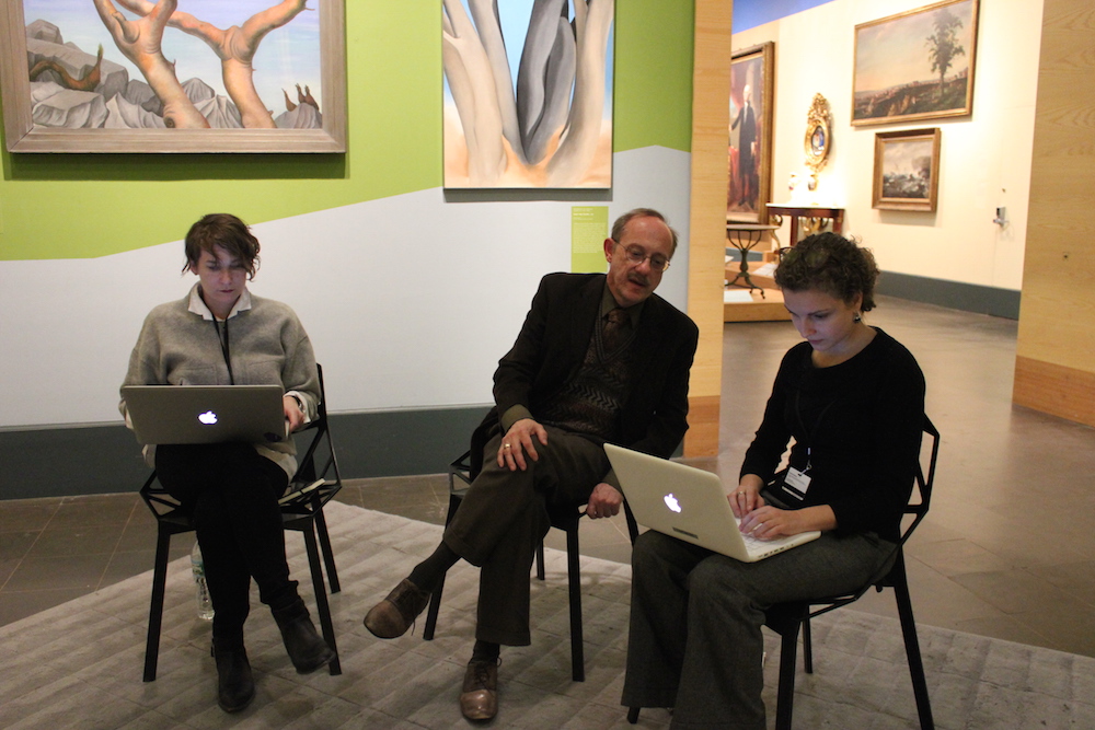 Monica Marino, left, and Marina K, right, running the dashboard during a recent user testing session. Our Chief Curator, Kevin Stayton, helps answer questions.